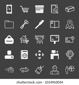 set of touchscreen, cart, calendar, search document, brick, folder, key, pen, bookmark, map pin, closed, house rent, mail, banner, upload, web history, globe, worker, presentation, arrows vector icon