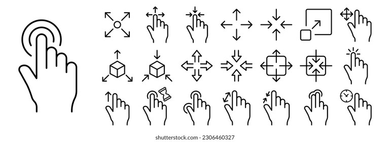 Set of touchscreen control icons. Illustrations representing various touchscreen gestures and control elements, including tap, swipe, pinch-to-zoom, rotate, scroll.