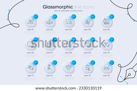Set of Touchscreen gesture, Biometric eye and Clipboard line icons for web app. Seo statistics, Leadership, Smile face icons. Location app, Vip table, Work home signs. Rotation gesture. Vector