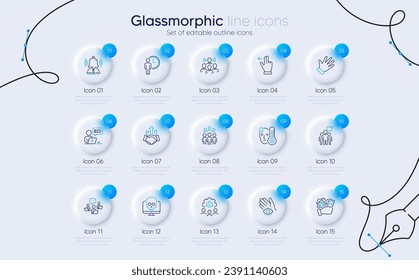 Set of Touchscreen gesture, Hand and Teamwork line icons for web app. Group people, Engineering team, Friendship icons. Team work, Online auction, Cyber attack signs. Fever. Vector