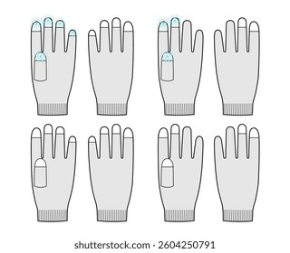 Set of Touchscreen Gloves Five Three Fingers Fashion hand accessory clothing technical illustration garment. Vector front palm back view style flat template mockup sketch outline on white background