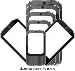 Set of touchscreen smart phones isolated on white background