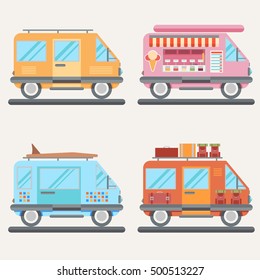 Set of tour buses for tourism, ice cream, traveling or surfing
