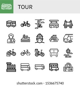 Set of tour icons. Such as Bus, Bicycle, Zip line, Tower bridge, Tour guide, Yacht, Cruise, Park tower, Evora, Boarding pass , tour icons