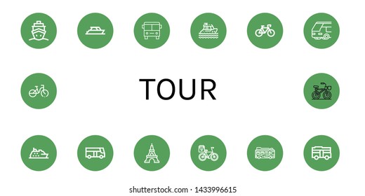 Set of tour icons such as Cruise, Yacht, Bus, Bicycle, Eiffel tower , tour