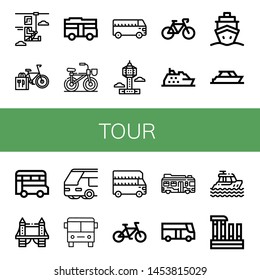 Set of tour icons such as Zip line, Bicycle, Bus, Park tower, Cruise, Yacht, Tower bridge, Evora , tour
