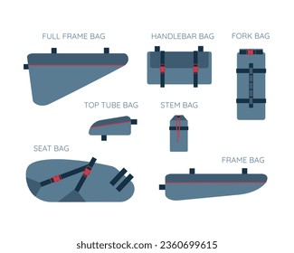 Set of touring bikepacking bags. Collection of bicycle body kit for travelling. Saddlebag, frame, trunk, handlebar bike bag. Isolated flat vector illustration 