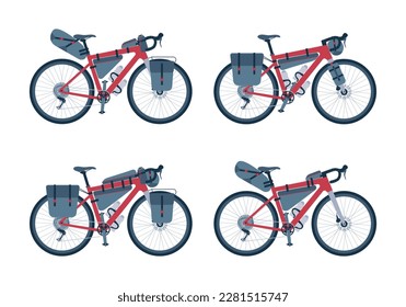 Set of touring bikes with bikepacking bags. Road, gravel bicycle and elements gear. Saddlebag, frame, trunk, handlebar bag. Collection isolated flat vector illustration 