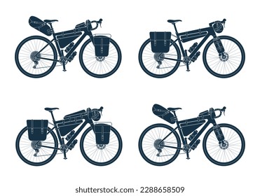 Set of touring bikes with bikepacking bags in black silhouette. Road, gravel bicycle and elements gear. Saddlebag, frame, trunk, handlebar bag. Collection isolated vector illustration