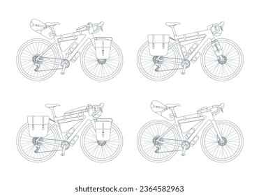 Set of touring bikes with bikepacking bags in outline sketch style. Road, gravel bicycle and elements gear. Saddlebag, frame, trunk, handlebar bag. Collection isolated line vector illustration 