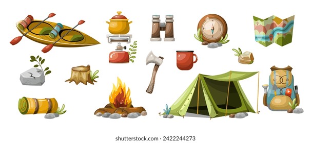 Set of tourism camping hiking items. Hand drawn isolated on white background, vector.