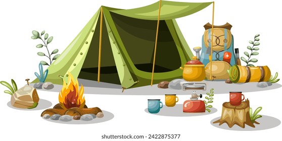 Set of tourism camping hiking items. Hand drawn isolated on white background, vector.