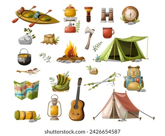 Set of tourism camping hiking items. Hand drawn isolated on white background, vector.