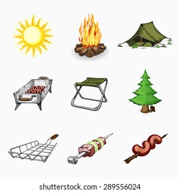 Set of tourism and camping icons. Colored on white background.