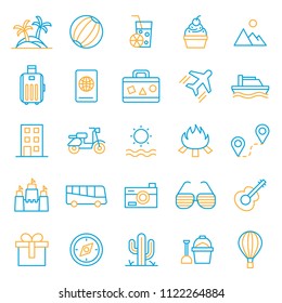 set of tourism holidays icons, with thin and simple modern concept use for web and traveling startup, voyage, vocation, flight, party, blue orange isolated line,