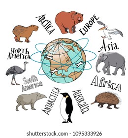 set of tourism icons. hand drawn vector illustration animals elephant, Flamingo, echidna, Pelican, penguin, bear, tapir and hand-written names of continents