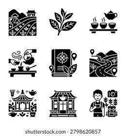Set of tourism icons including tea fields, traditional tea ceremony, travel map, tea house, and tea plantation tour, vector illustration.