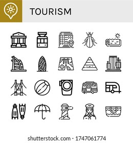 Set of tourism icons. Such as Holidays, Parthenon, Tramway, Hotel, Tree cricket, Swimming pool, Burj al arab, Swimsuit, Pyramid, City garden tower, Bridge , tourism icons