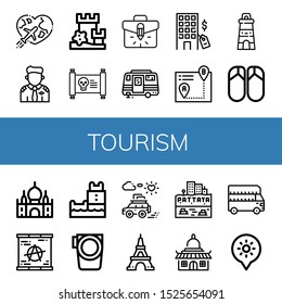 Set of tourism icons. Such as Honeymoon, Pilot, Sand castle, Treasure map, Briefcase, Caravan, Hotel, Itinerary, Lighthouse, Flips flops, Taj mahal, Berlin wall , tourism icons
