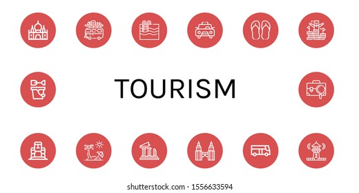 Set of tourism icons. Such as Taj mahal, Camper van, Swimming pool, Taxi, Flip flops, Peak, Moai, Honeymoon, Ruins, Petronas twin tower, Bus, Lighthouse, Sand bucket , tourism icons