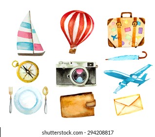 set of tourism icons. watercolor hand drawn vector illustration.
sailboat, hot air balloon, luggage, umbrella, airplane, camera, compass, mail, wallet and food symbols