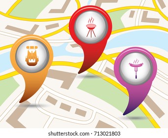 Set of tourism service map pointers on map. Vector illustration.

