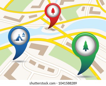 Set of tourism services map pointers on map. Vector illustration.

