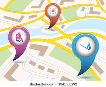 Set of tourism services map pointers on map. Vector illustration.

