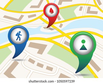 Set of tourism services map pointers on map. Vector illustration.

