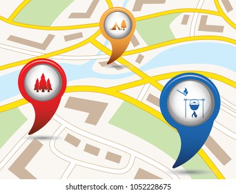 Set of tourism services map pointers on map. Vector illustration.

