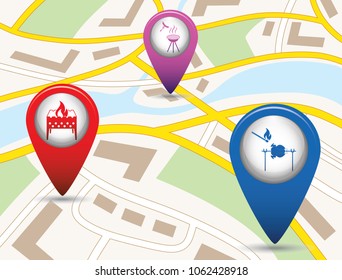Set of tourism services map pointers on map. Vector illustration