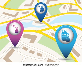 Set of tourism services map pointers on map. Vector illustration