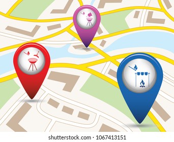 Set of tourism services map pointers on map. Vector illustration