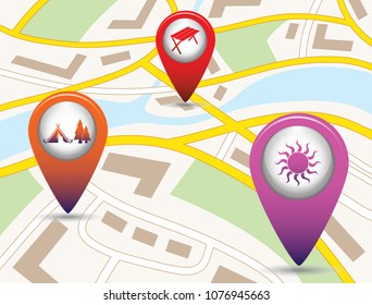 Set of tourism services map pointers on map. Vector illustration