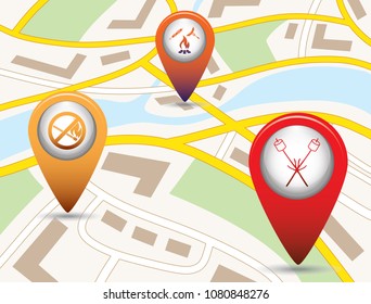 Set of tourism services map pointers on map. Vector illustration