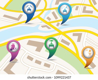 Set of tourism services map pointers on map. Vector illustration