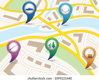 Set of tourism services map pointers on map. Vector illustration