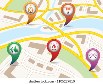 Set of tourism services map pointers on map. Vector illustration