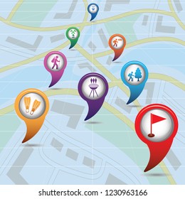 Set of tourism services map pointers on map. Vector illustration