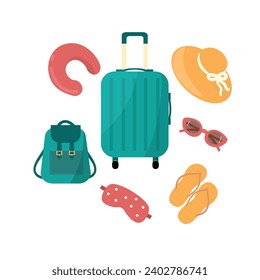 Set of tourism, travel abroad, elements for summer vacation trip. Suitcase, sun hat, glasses, backpack, travel pillow, sleep mask, flip-flops. Flat cartoon colorful vector illustration. 