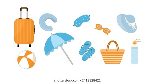 Set of tourism, travel abroad, elements for sea, summer vacation trip. Suitcase, sun hat, glasses, ball, umbrella, beach bag travel pillow, sleep mask, flip-flops. Flat cartoon vector illustration. 