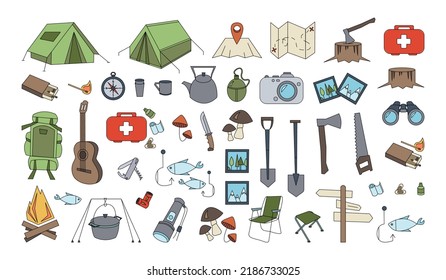 Set of tourism, travel, hiking icons. Line filled colored travel icons isolated on white background. Collection hiking icons stickers in  outline color style. Line color flat vector illustrations.