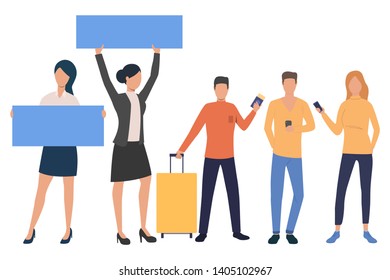 Set of tourist in airport. Men and women holding smartphone, luggage, tickets, sign. Travel concept. Vector illustration can be used for topics like passengers or business trip