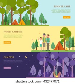 Set Of Tourist Banners For Summer And Family Camping. Flat Style. Vector Template With Camping Scenes With Place For Text. Night Landscape. Perfect For Website Banners And Promotional Materials.