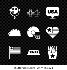 Set Tourist binoculars, Golden gate bridge, USA Independence day, American flag, Taxi car roof, Potatoes french fries box, Taco with tortilla and football helmet icon. Vector