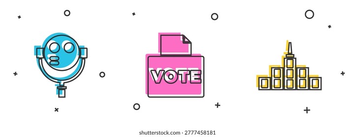 Set Tourist binoculars, Vote box and City landscape icon. Vector