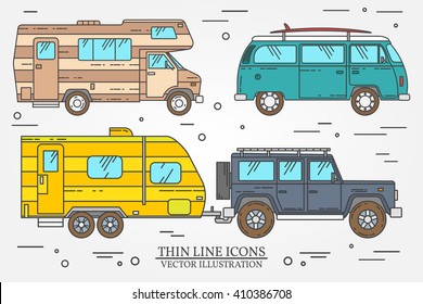 Set of Tourist bus, SUV, trailer, jeep, RV camper trailer, Traveler truck.  Summer trip family travel concept.  Thin line icon. Vector illustration. 