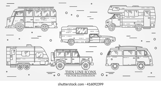 Set of Tourist bus, SUV, trailer, jeep, RV camper trailer, Traveler truck.  Summer trip family travel concept.  Thin line icon. Vector illustration. 