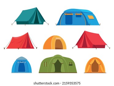 Set of tourist camp tents isolated on white background. Hiking and camping equipment icons. Vector illustration.