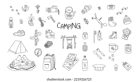 Set of tourist and camping equipment in the style of a doodle on a white background. Picnic in nature. Vector illustration.